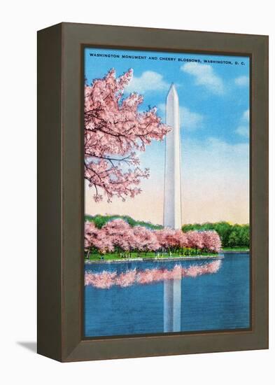 Washington DC, View of the Washington Monument through Blossoming Cherry Trees-Lantern Press-Framed Stretched Canvas