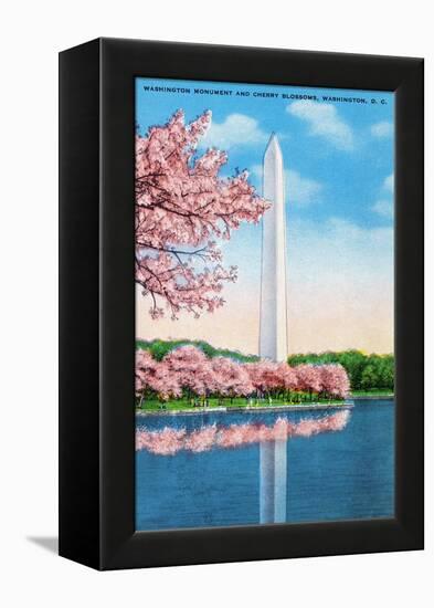 Washington DC, View of the Washington Monument through Blossoming Cherry Trees-Lantern Press-Framed Stretched Canvas