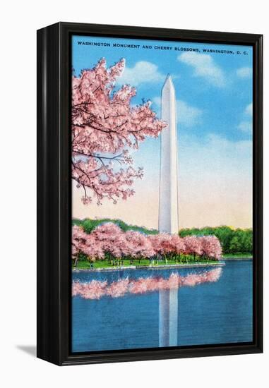 Washington DC, View of the Washington Monument through Blossoming Cherry Trees-Lantern Press-Framed Stretched Canvas