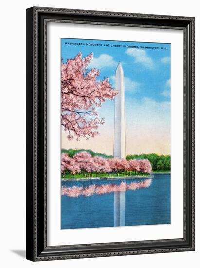 Washington DC, View of the Washington Monument through Blossoming Cherry Trees-Lantern Press-Framed Art Print