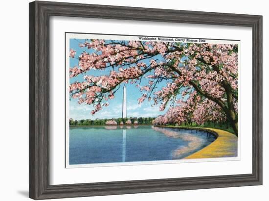 Washington DC, View of the Washington Monument with Blossoming Cherry Trees-Lantern Press-Framed Art Print