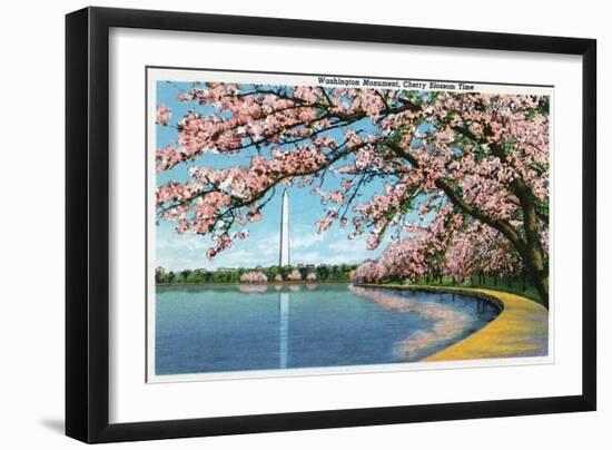 Washington DC, View of the Washington Monument with Blossoming Cherry Trees-Lantern Press-Framed Art Print