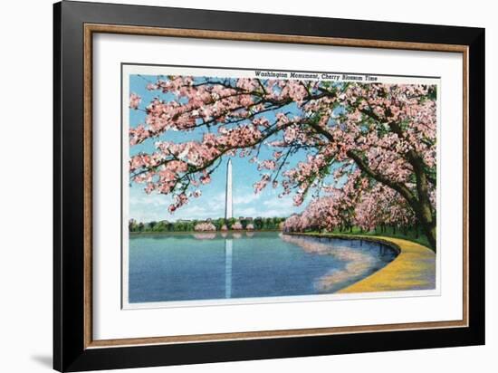 Washington DC, View of the Washington Monument with Blossoming Cherry Trees-Lantern Press-Framed Art Print