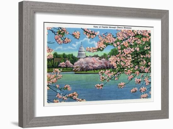 Washington DC, Vista of the Capitol through the Cherry Blossoms-Lantern Press-Framed Art Print