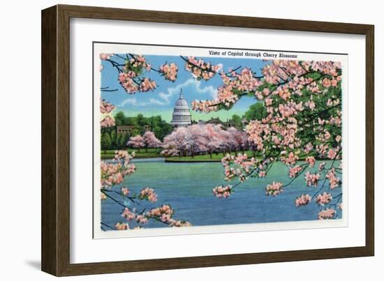 Washington DC, Vista of the Capitol through the Cherry Blossoms-Lantern Press-Framed Art Print