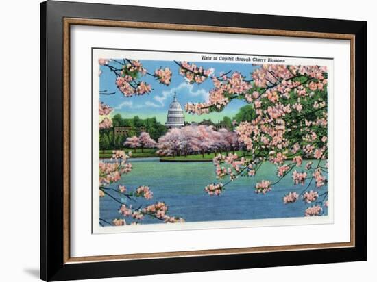 Washington DC, Vista of the Capitol through the Cherry Blossoms-Lantern Press-Framed Art Print