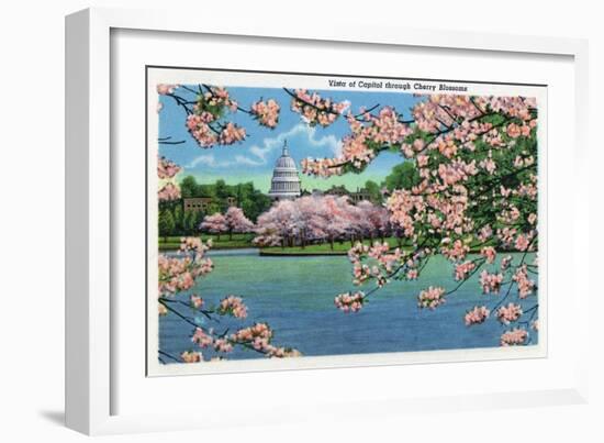 Washington DC, Vista of the Capitol through the Cherry Blossoms-Lantern Press-Framed Art Print