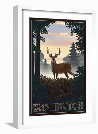 Washington - Deer and Sunrise-Lantern Press-Framed Art Print