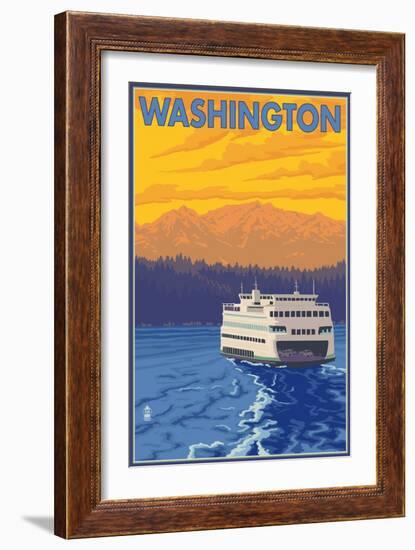 Washington - Ferry and Mountains-Lantern Press-Framed Art Print