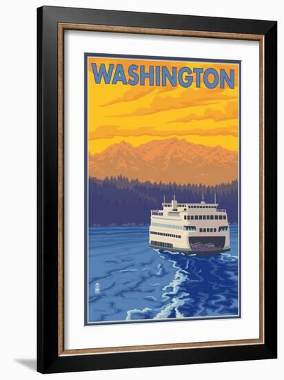 Washington - Ferry and Mountains-Lantern Press-Framed Art Print