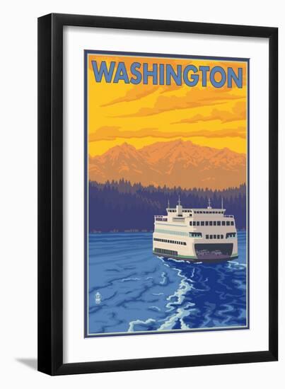 Washington - Ferry and Mountains-Lantern Press-Framed Art Print