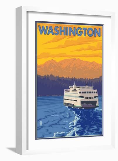 Washington - Ferry and Mountains-Lantern Press-Framed Art Print