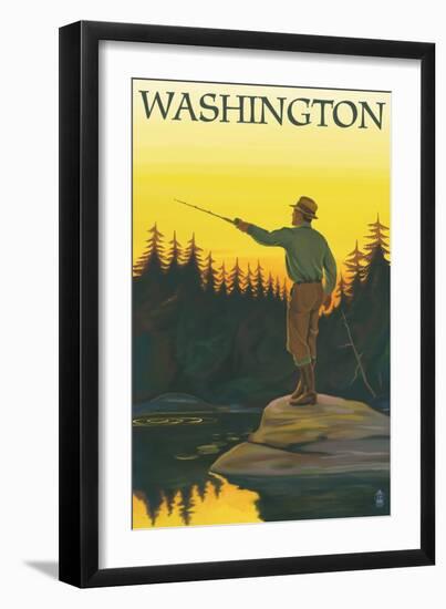 Washington, Fisherman Casting-Lantern Press-Framed Art Print