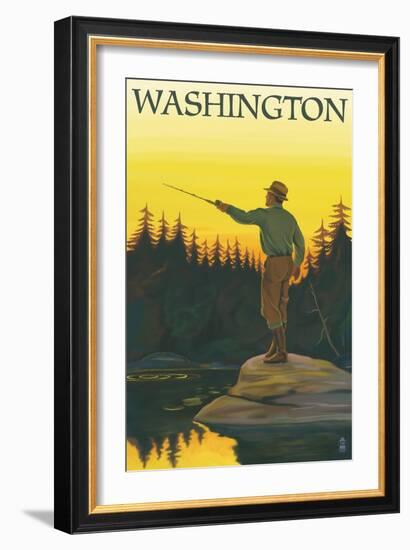 Washington, Fisherman Casting-Lantern Press-Framed Art Print