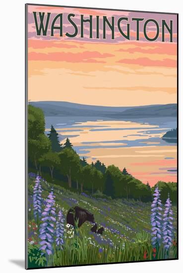 Washington - Lake and Bear Family-Lantern Press-Mounted Art Print