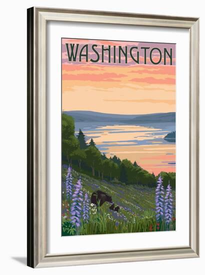 Washington - Lake and Bear Family-Lantern Press-Framed Art Print