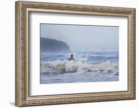 Washington, Male Sea Kayaker Breaks Through Surf at Makah Bay on the Olympic Coast-Gary Luhm-Framed Photographic Print