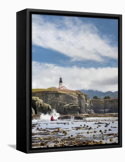 Washington, Male Sea Kayaker Paddling Along Cliffs Beneath Lighthouse on Tatoosh Island-Gary Luhm-Framed Premier Image Canvas