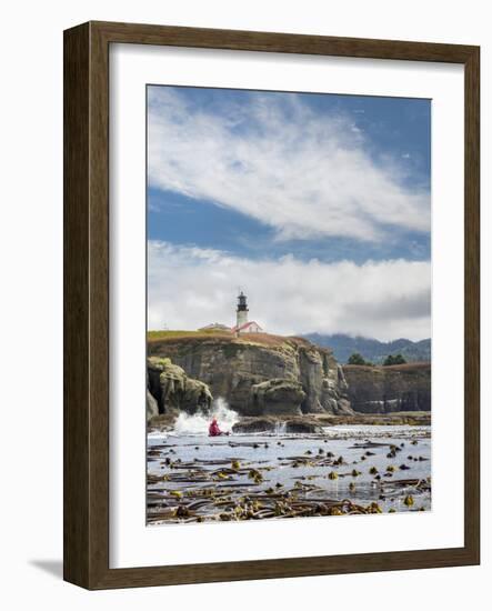 Washington, Male Sea Kayaker Paddling Along Cliffs Beneath Lighthouse on Tatoosh Island-Gary Luhm-Framed Photographic Print