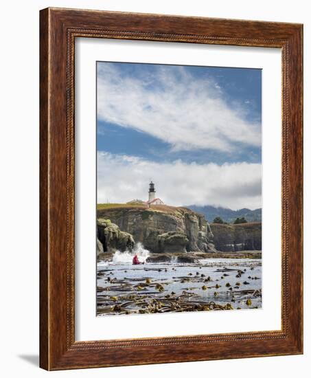 Washington, Male Sea Kayaker Paddling Along Cliffs Beneath Lighthouse on Tatoosh Island-Gary Luhm-Framed Photographic Print