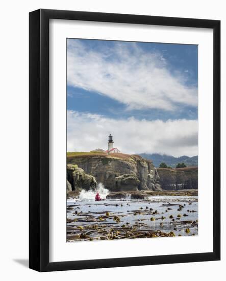 Washington, Male Sea Kayaker Paddling Along Cliffs Beneath Lighthouse on Tatoosh Island-Gary Luhm-Framed Photographic Print