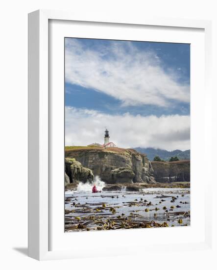 Washington, Male Sea Kayaker Paddling Along Cliffs Beneath Lighthouse on Tatoosh Island-Gary Luhm-Framed Photographic Print