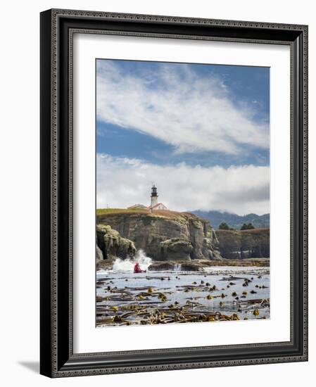 Washington, Male Sea Kayaker Paddling Along Cliffs Beneath Lighthouse on Tatoosh Island-Gary Luhm-Framed Photographic Print