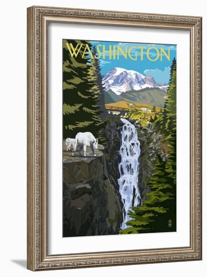 Washington - Mountain Goats and Falls-Lantern Press-Framed Art Print