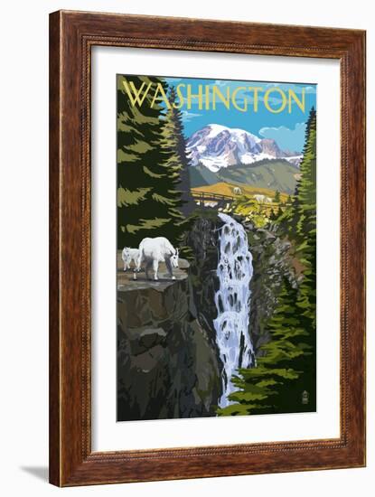Washington - Mountain Goats and Falls-Lantern Press-Framed Art Print
