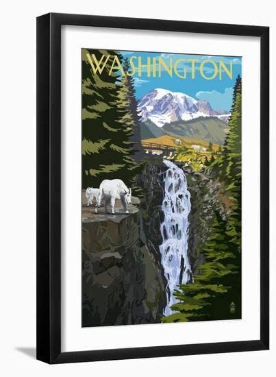 Washington - Mountain Goats and Falls-Lantern Press-Framed Art Print