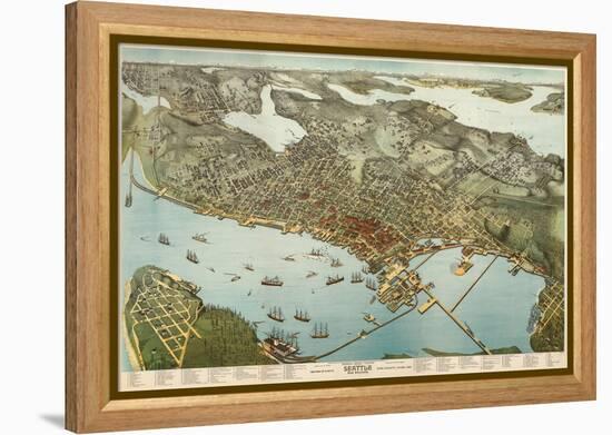 Washington - Panoramic Map of Seattle-Lantern Press-Framed Stretched Canvas