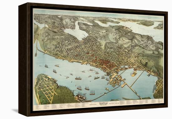 Washington - Panoramic Map of Seattle-Lantern Press-Framed Stretched Canvas