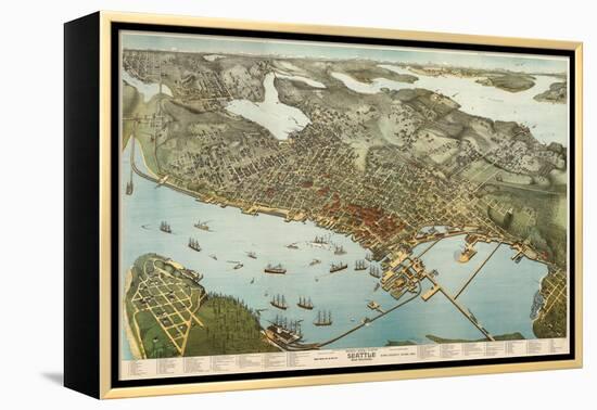 Washington - Panoramic Map of Seattle-Lantern Press-Framed Stretched Canvas