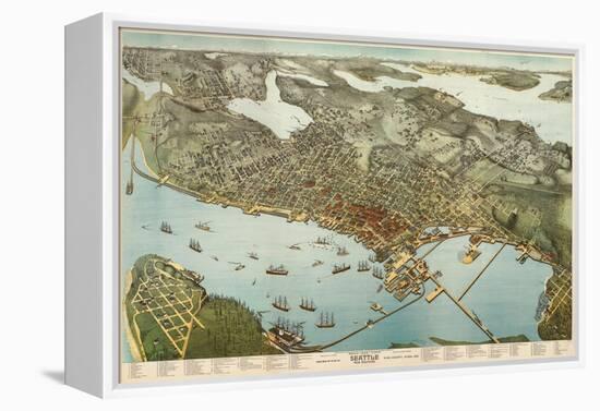 Washington - Panoramic Map of Seattle-Lantern Press-Framed Stretched Canvas