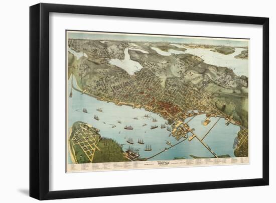 Washington - Panoramic Map of Seattle-Lantern Press-Framed Art Print