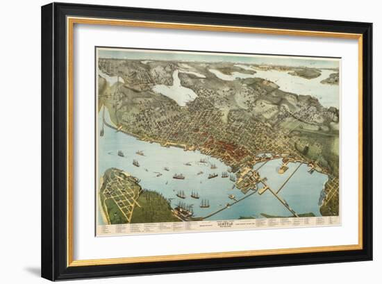 Washington - Panoramic Map of Seattle-Lantern Press-Framed Art Print