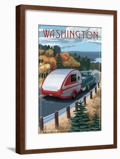 Washington - Retro Camper on Road-Lantern Press-Framed Art Print