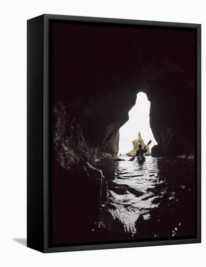 Washington, Sea Kayaker Paddles in a Sea Cave at Cape Flattery, Olympic Coast-Gary Luhm-Framed Premier Image Canvas