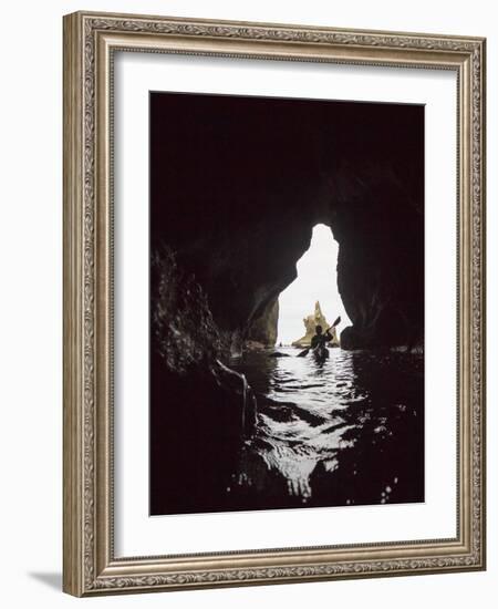 Washington, Sea Kayaker Paddles in a Sea Cave at Cape Flattery, Olympic Coast-Gary Luhm-Framed Photographic Print