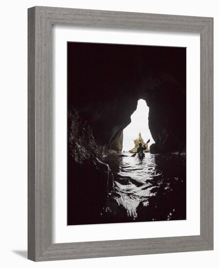Washington, Sea Kayaker Paddles in a Sea Cave at Cape Flattery, Olympic Coast-Gary Luhm-Framed Photographic Print