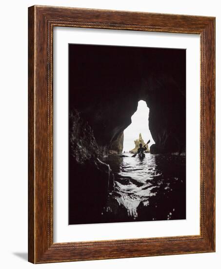 Washington, Sea Kayaker Paddles in a Sea Cave at Cape Flattery, Olympic Coast-Gary Luhm-Framed Photographic Print