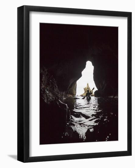 Washington, Sea Kayaker Paddles in a Sea Cave at Cape Flattery, Olympic Coast-Gary Luhm-Framed Photographic Print