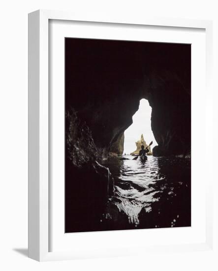 Washington, Sea Kayaker Paddles in a Sea Cave at Cape Flattery, Olympic Coast-Gary Luhm-Framed Photographic Print