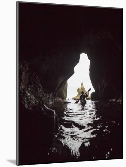 Washington, Sea Kayaker Paddles in a Sea Cave at Cape Flattery, Olympic Coast-Gary Luhm-Mounted Photographic Print