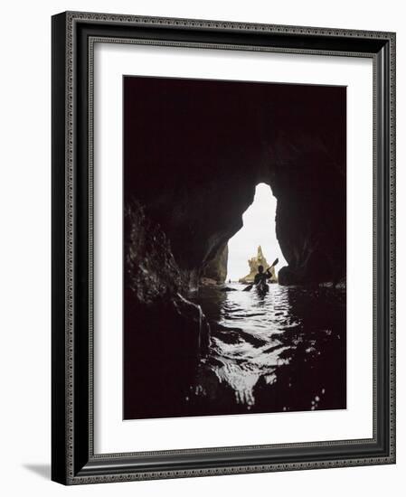 Washington, Sea Kayaker Paddles in a Sea Cave at Cape Flattery, Olympic Coast-Gary Luhm-Framed Photographic Print