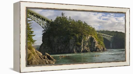 Washington, Sea Kayakers Play in Ebb Tidal Currents under the Deception Pass Bridge-Gary Luhm-Framed Premier Image Canvas