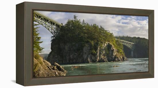 Washington, Sea Kayakers Play in Ebb Tidal Currents under the Deception Pass Bridge-Gary Luhm-Framed Premier Image Canvas