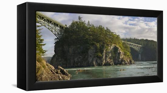 Washington, Sea Kayakers Play in Ebb Tidal Currents under the Deception Pass Bridge-Gary Luhm-Framed Premier Image Canvas