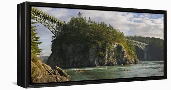 Washington, Sea Kayakers Play in Ebb Tidal Currents under the Deception Pass Bridge-Gary Luhm-Framed Premier Image Canvas