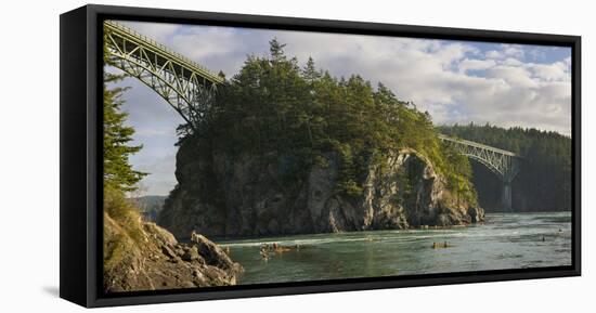 Washington, Sea Kayakers Play in Ebb Tidal Currents under the Deception Pass Bridge-Gary Luhm-Framed Premier Image Canvas